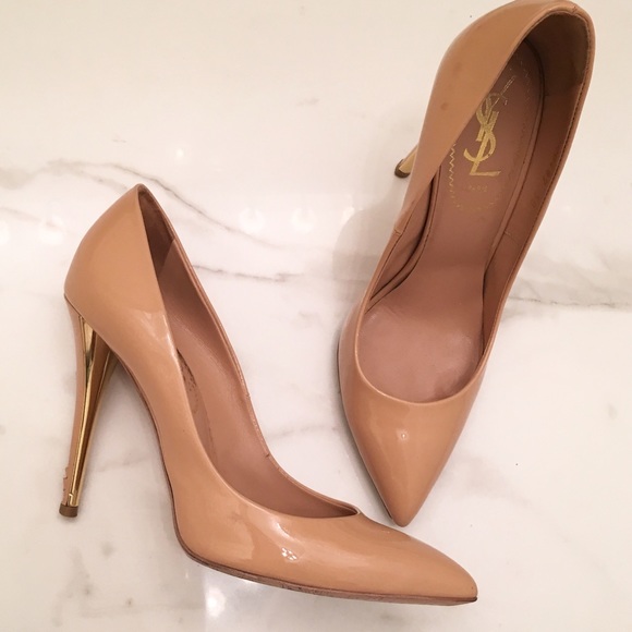 YSL Saint Laurent Patent Leather Clara Pumps Nude Beige w Gold Metal Heels - Picture 1 of 8
